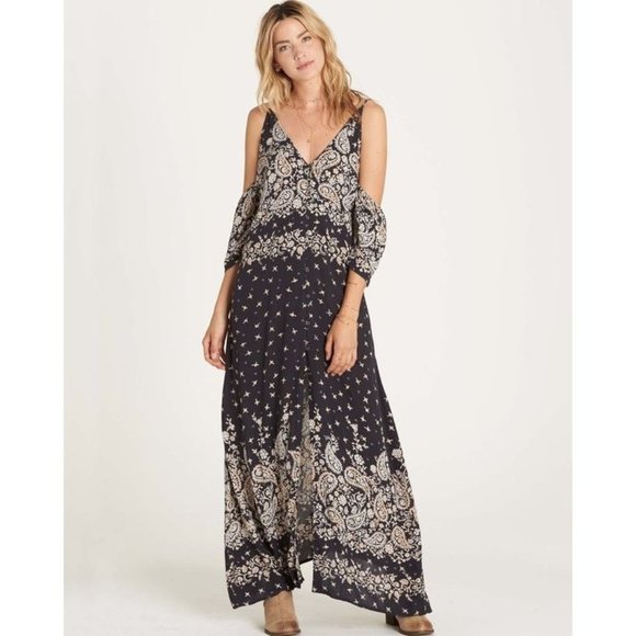 Billabong NWT Desert Dance Washed Black Print Maxi Dress size XS